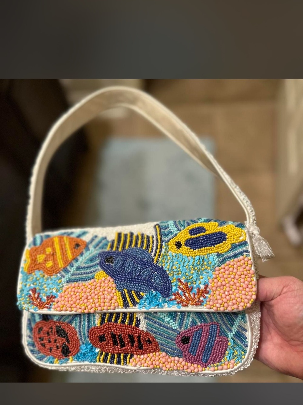 Beaded Ocean Fish Mini Shoulder Bag - Cream